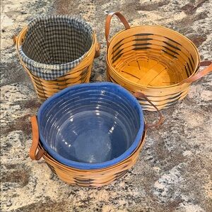 Longaberger Natural Wood Baskets with Blue Liners and Leather Handles - Set of 3